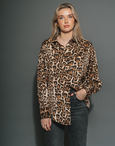 Bianca Satin Button Up - Leopard