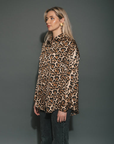 Bianca Satin Button Up - Leopard