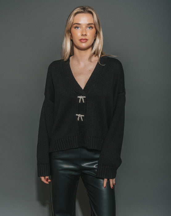 Audrey Oversized Bow Knit Cardigan - Black