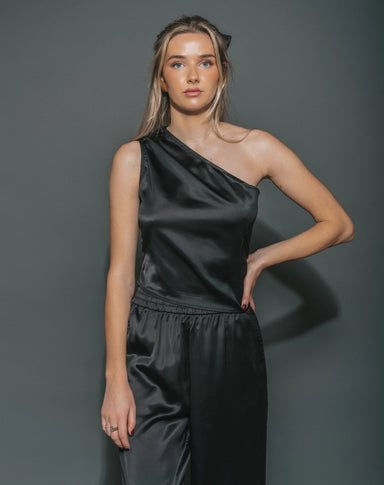 Satin One Shoulder Top - Black