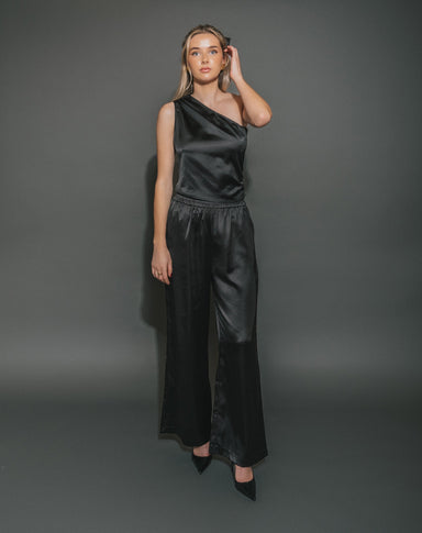 Satin One Shoulder Top - Black