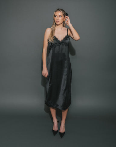 Satin Lace Maxi Dress - Black