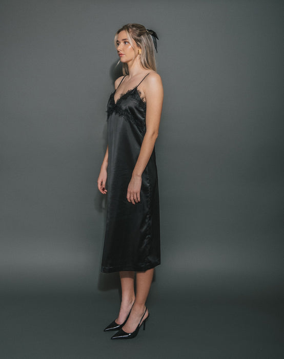 Satin Lace Maxi Dress - Black