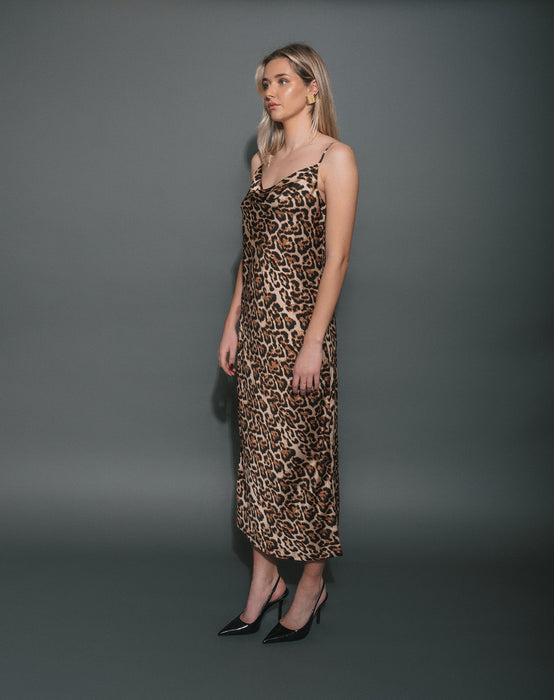 Satin Cowl Neck Maxi Dress - Leopard