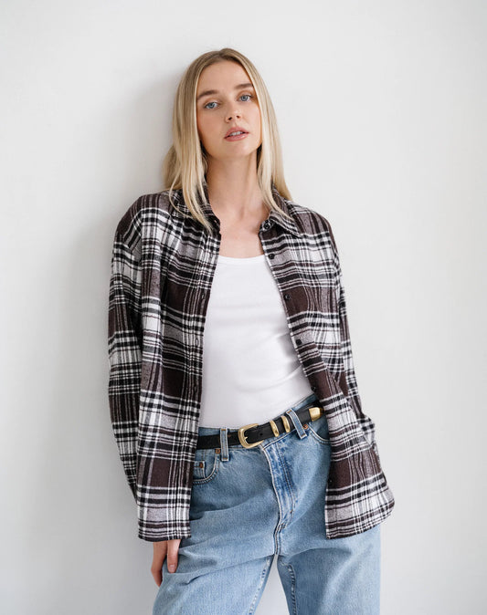 Brunette the Label Plaid Button Up Shirt - Brown Plaid