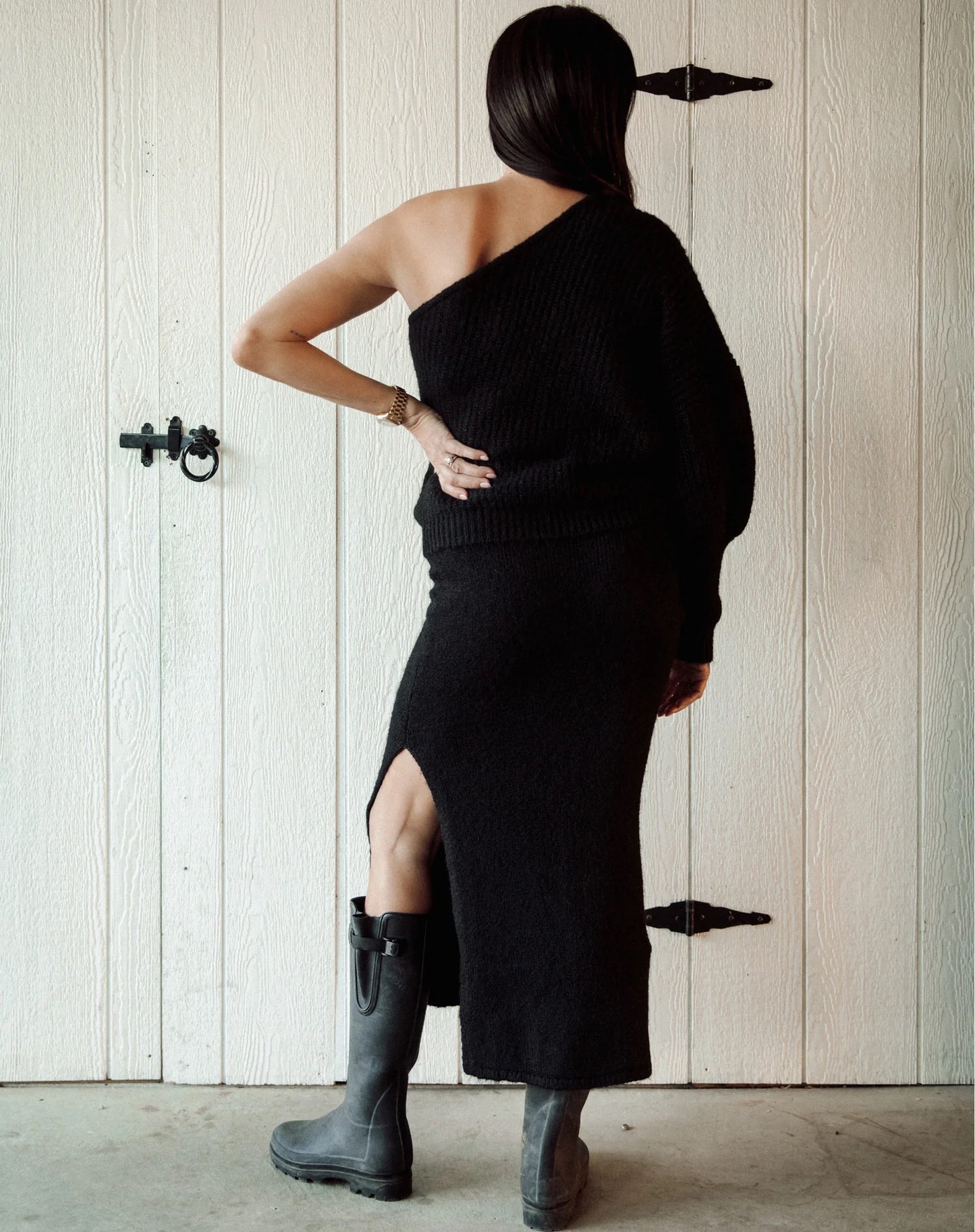 Brunette the Label Victoria One Shoulder Knit Sweater - Black