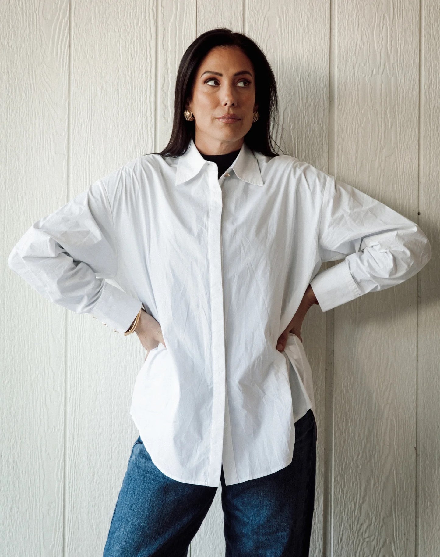 Brunette the Label Poplin Bow Button Up Shirt - White