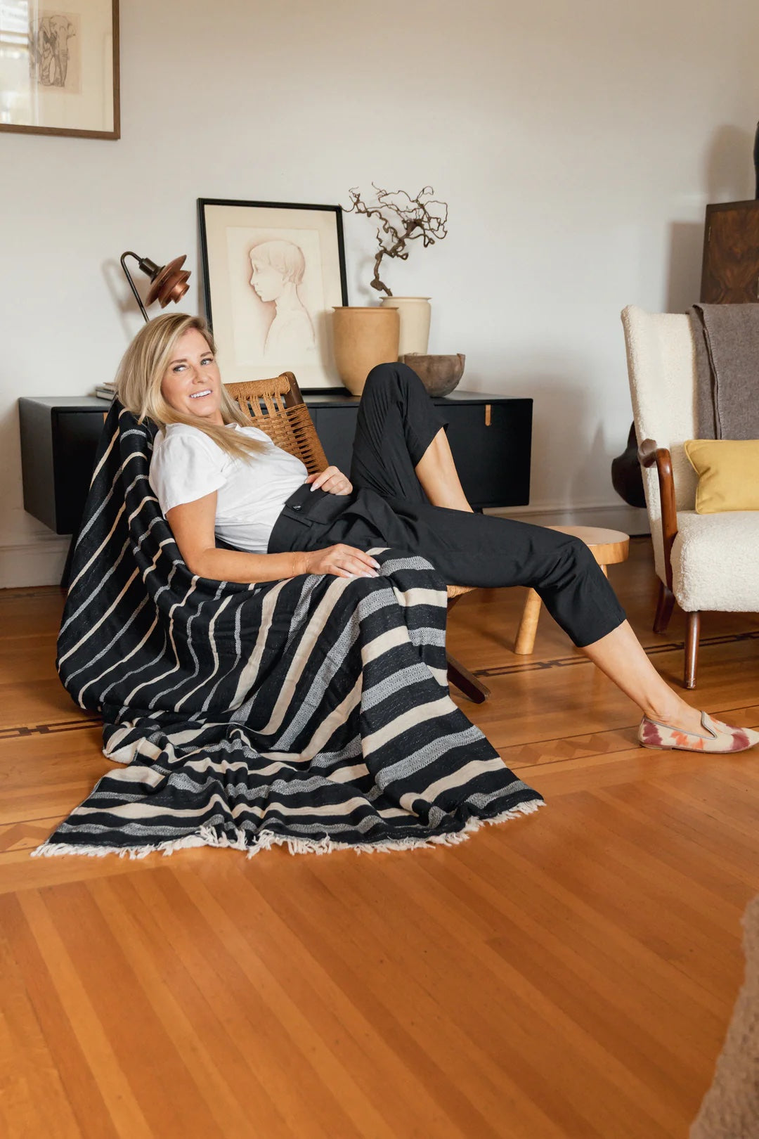 Tofino Towel Co. Winslow Striped Linen Blend Fleece Throw - Black